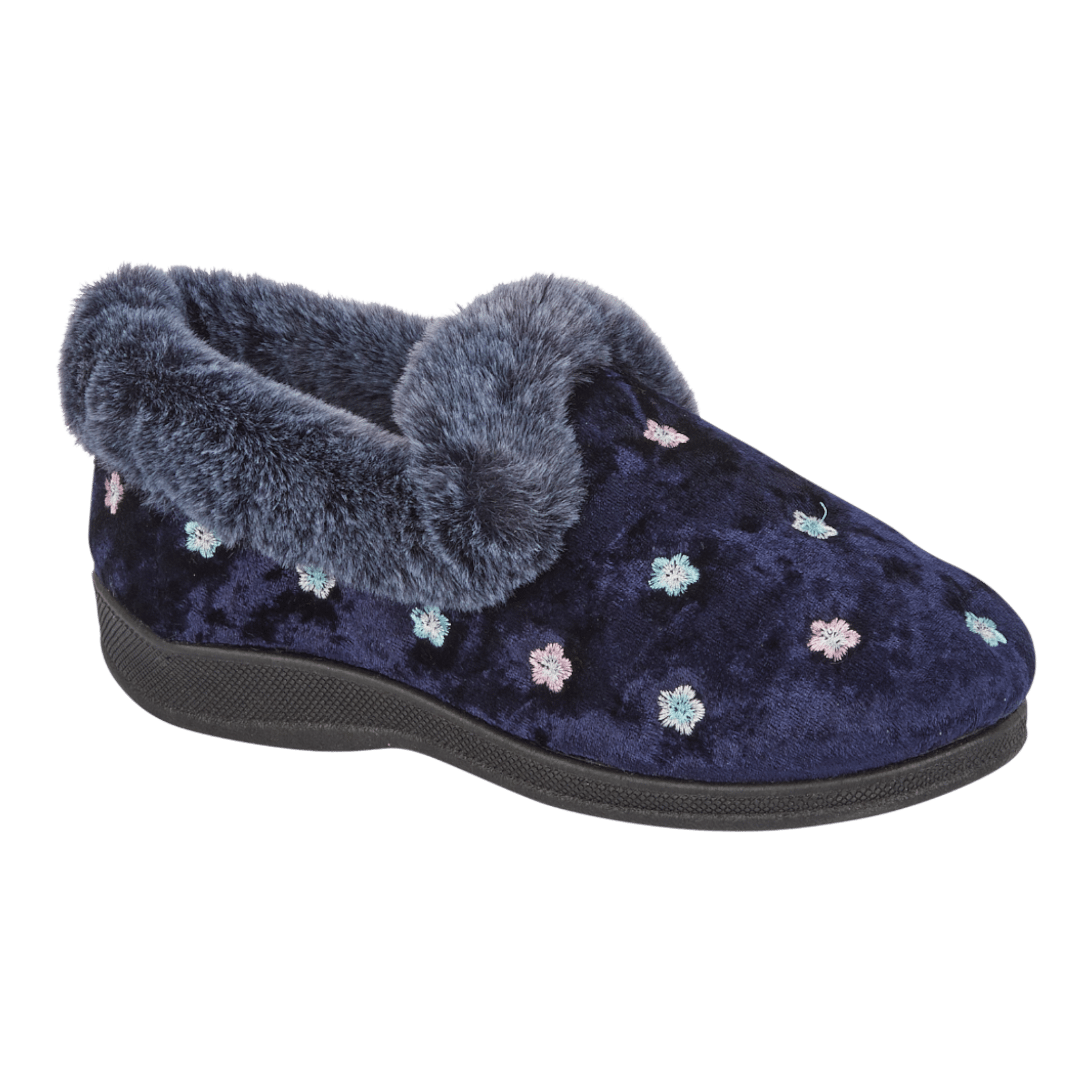 Jo & Joe Women’s Navy Floral Slippers with Faux Fur Trim - Renna Clothing