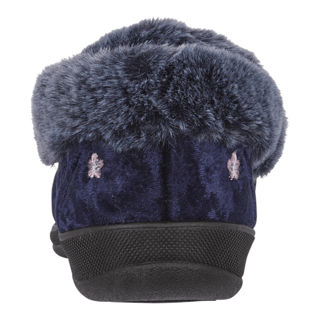 Jo & Joe Women’s Navy Floral Slippers with Faux Fur Trim - Renna Clothing