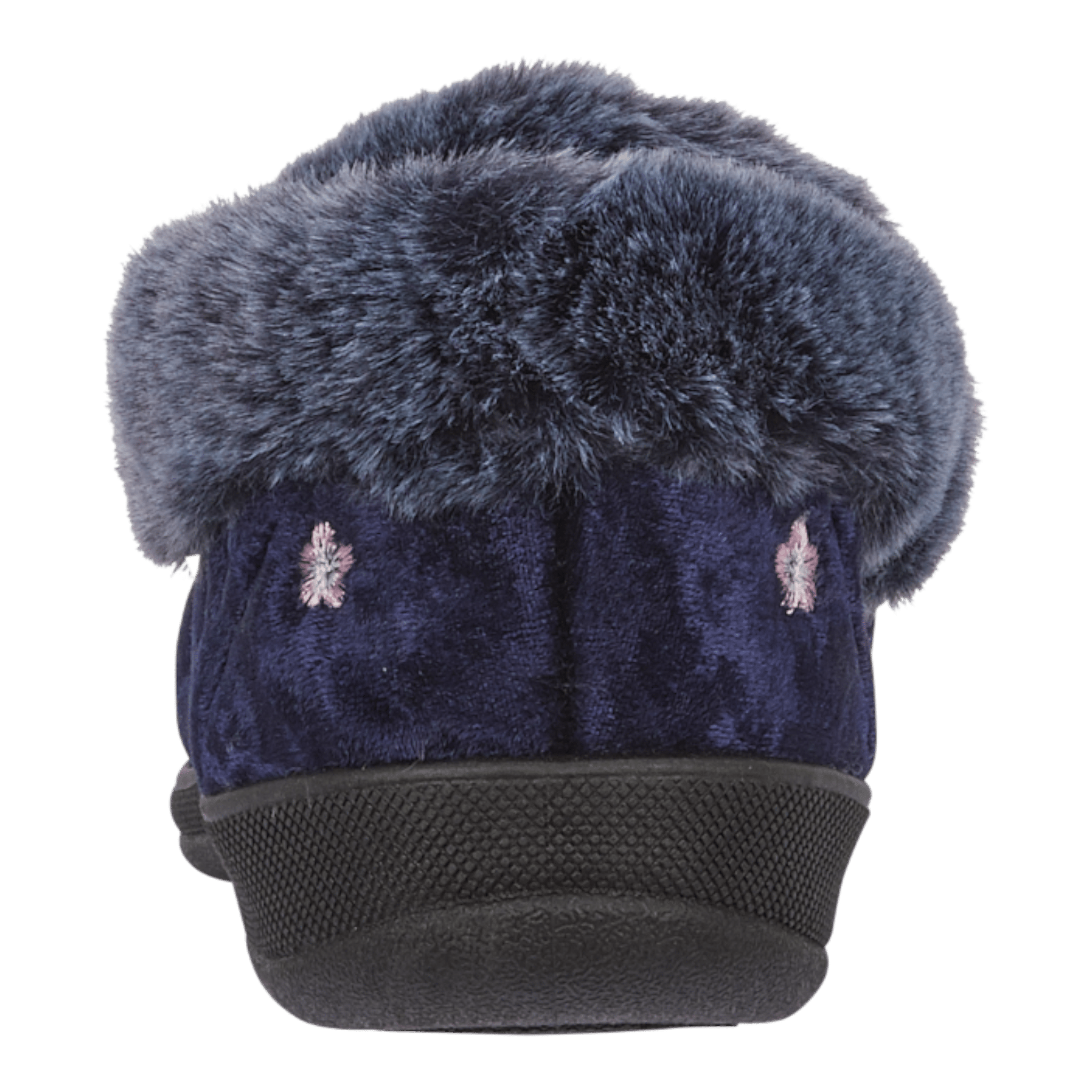 Jo & Joe Women’s Navy Floral Slippers with Faux Fur Trim - Renna Clothing