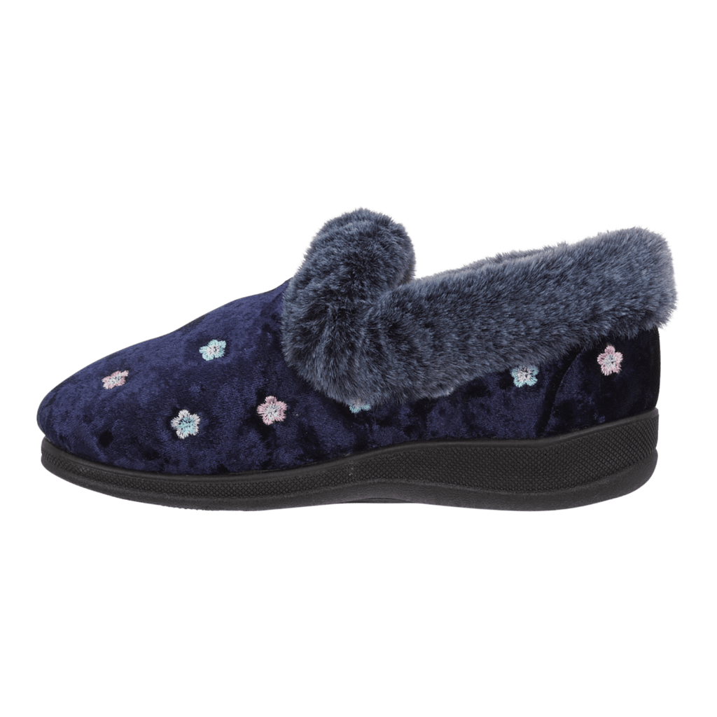 Jo & Joe Women’s Navy Floral Slippers with Faux Fur Trim - Renna Clothing