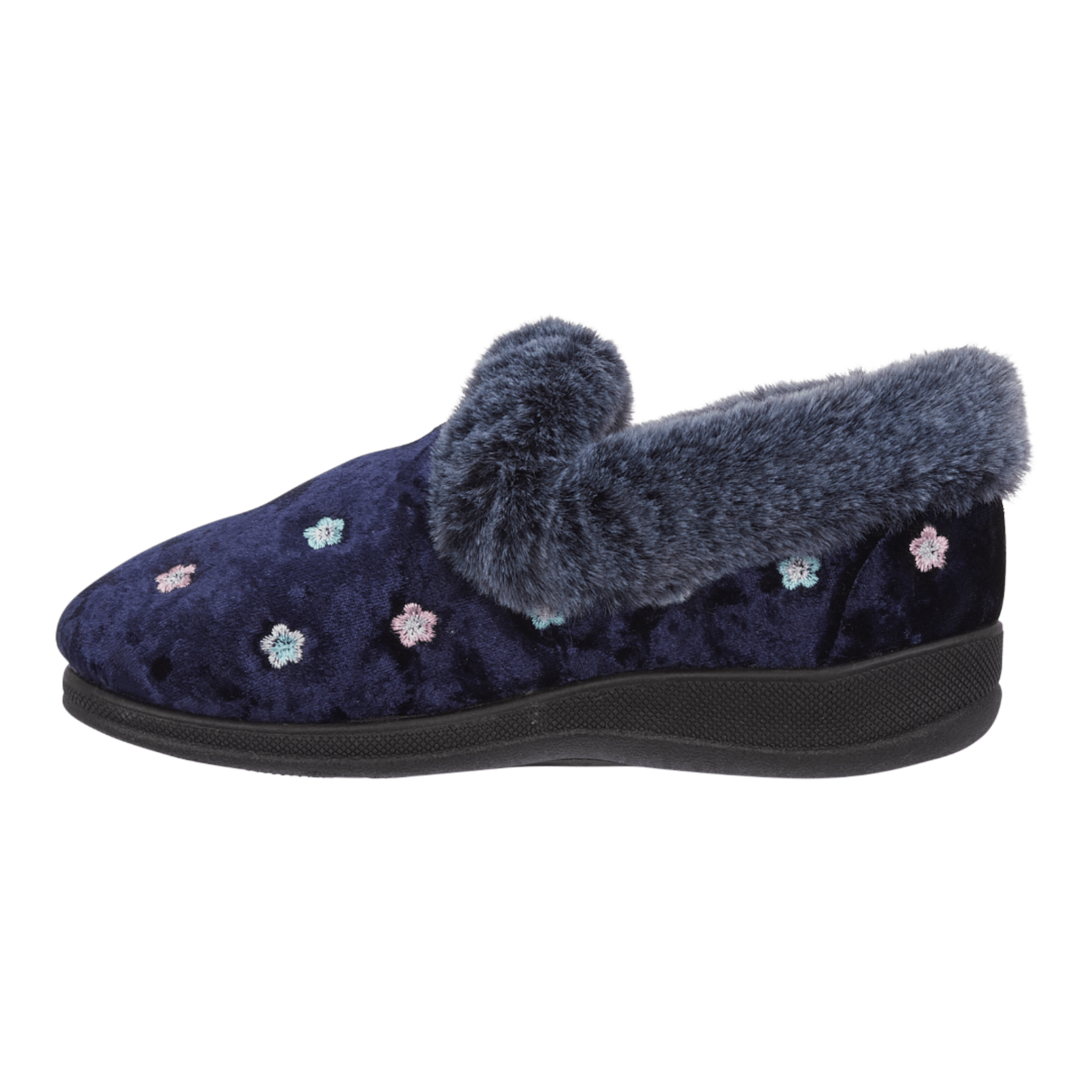 Jo & Joe Women’s Navy Floral Slippers with Faux Fur Trim - Renna Clothing