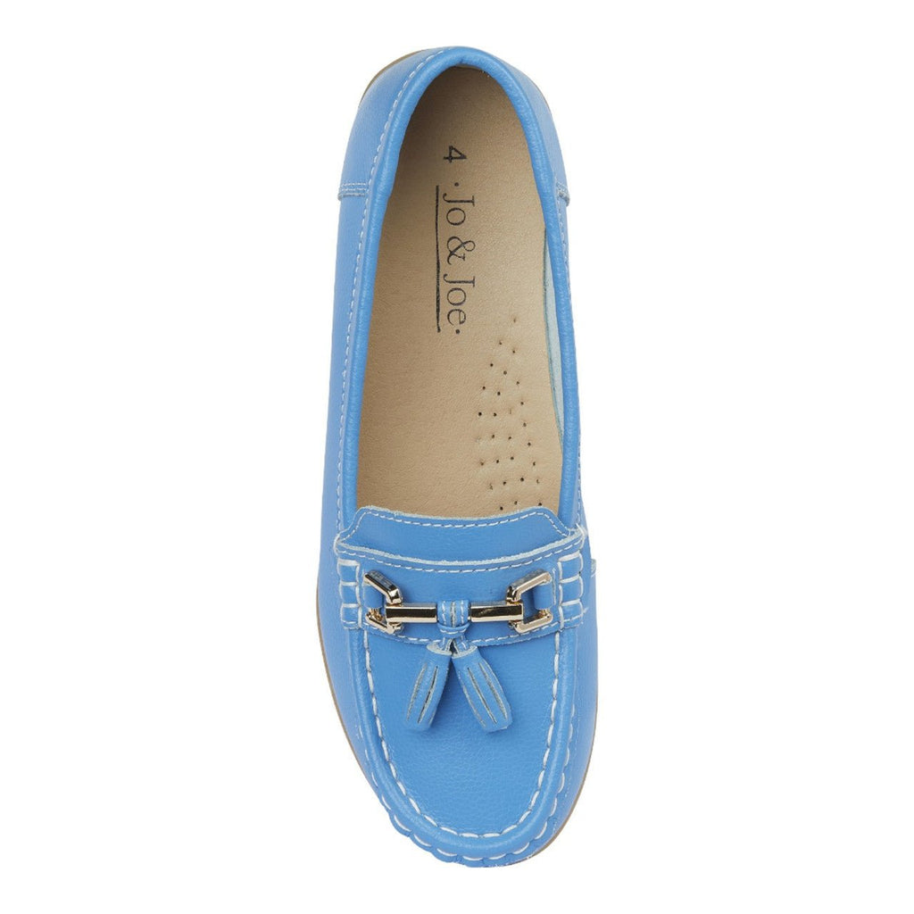 Jo & Joe Women's Wide Fit Leather Slip On Moccasin Shoes Azure Blue - Renna Clothing