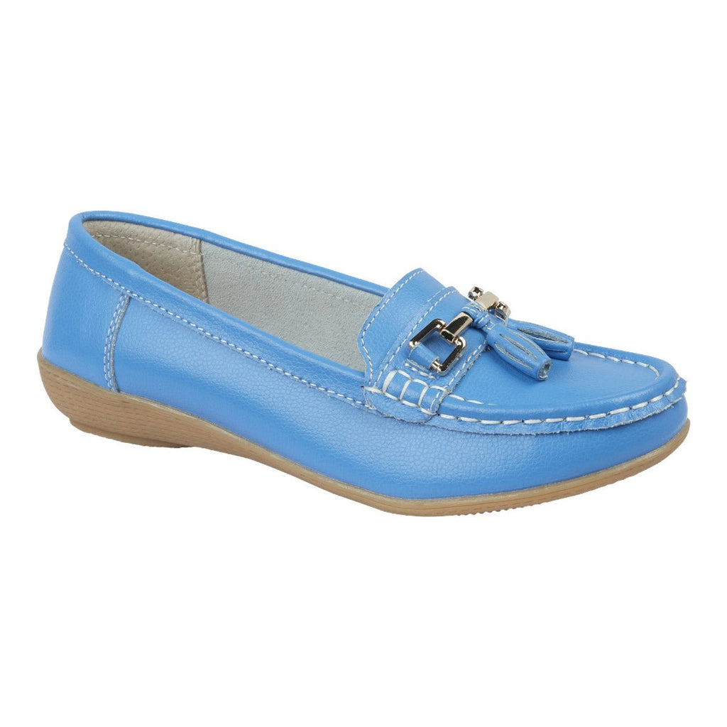 Jo & Joe Women's Wide Fit Leather Slip On Moccasin Shoes Azure Blue - Renna Clothing