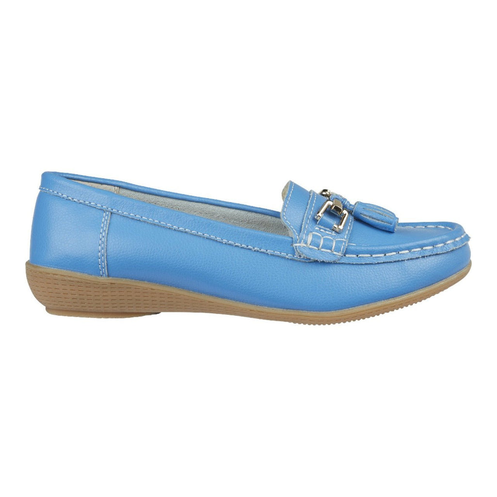 Jo & Joe Women's Wide Fit Leather Slip On Moccasin Shoes Azure Blue - Renna Clothing