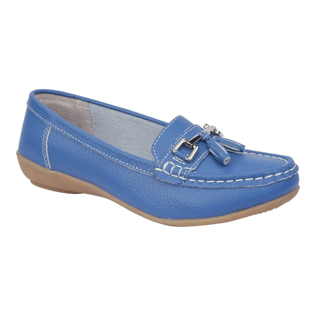 Jo & Joe Women's Wide Fit Leather Slip On Moccasin Shoes French Blue - Renna Clothing