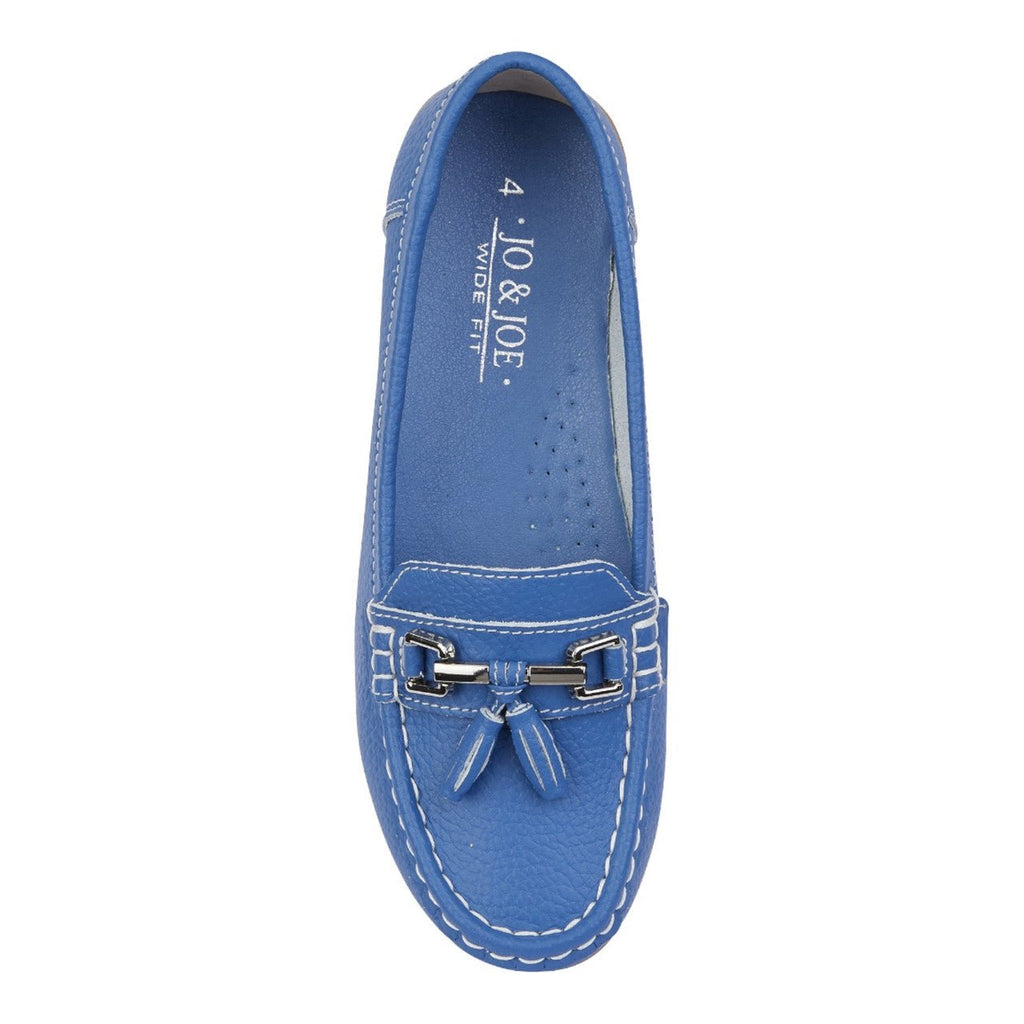Jo & Joe Women's Wide Fit Leather Slip On Moccasin Shoes French Blue - Renna Clothing