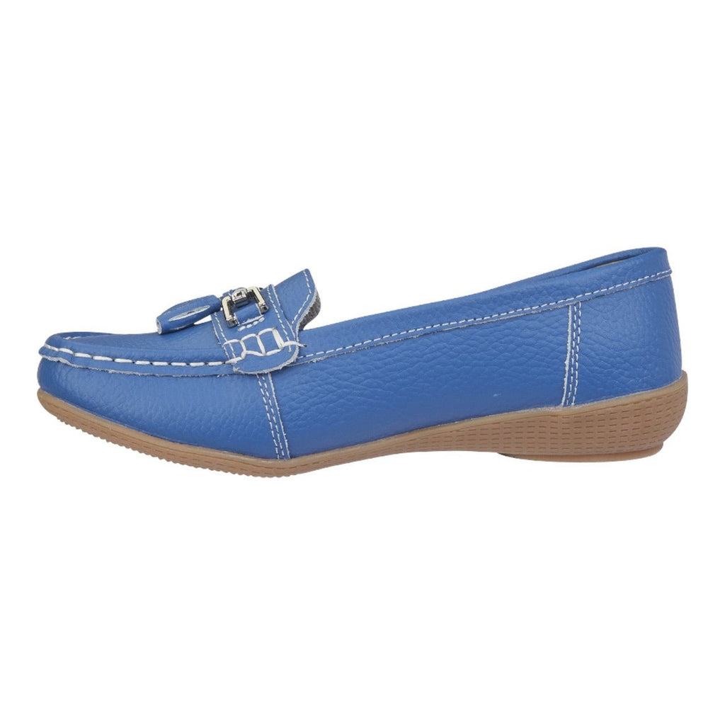 Jo & Joe Women's Wide Fit Leather Slip On Moccasin Shoes French Blue - Renna Clothing