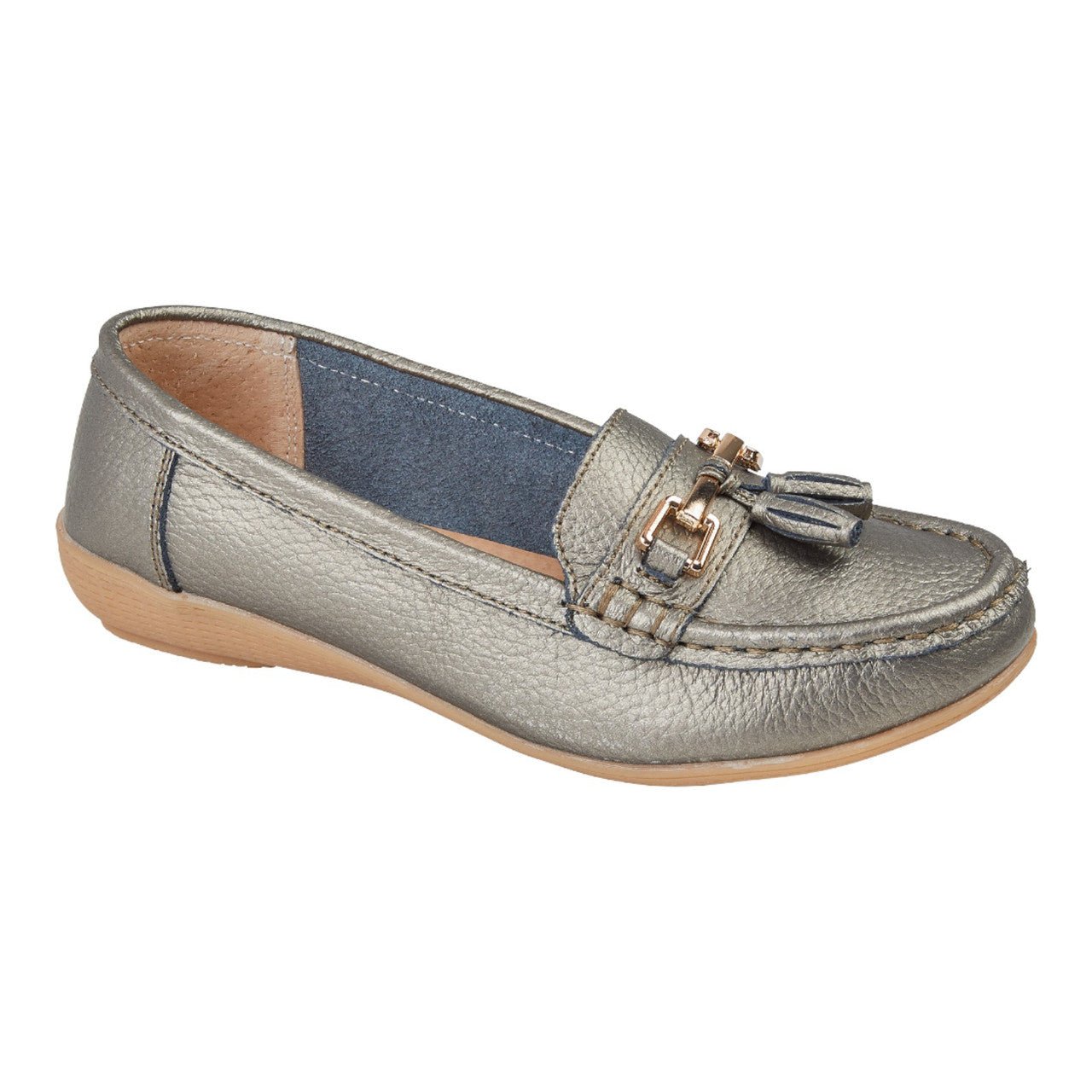 Jo & Joe Women's Wide Fit Leather Slip On Moccasin Shoes Gun Metal Grey - Renna Clothing