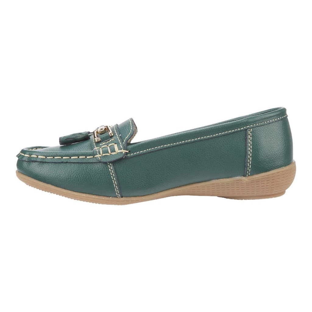 Jo & Joe Women's Wide Fit Leather Slip On Moccasin Shoes Hunter Green - Renna Clothing