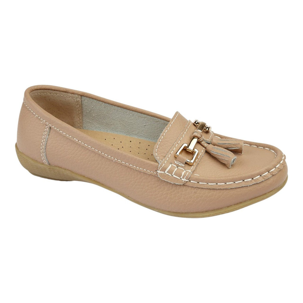 Jo & Joe Women's Wide Fit Leather Slip On Moccasin Shoes Mocha Brown - Renna Clothing