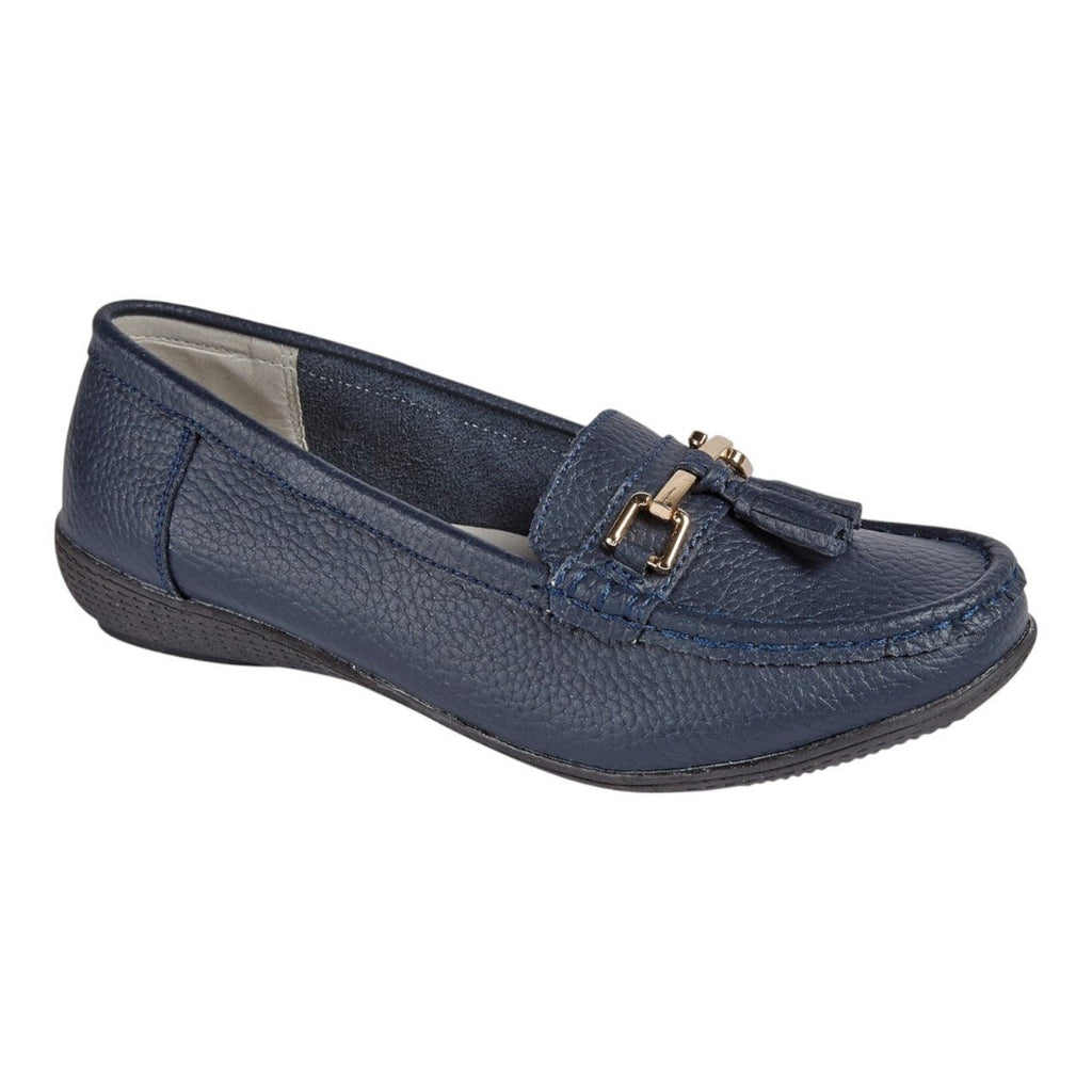 Jo & Joe Women's Wide Fit Leather Slip On Moccasin Shoes Navy - Renna Clothing