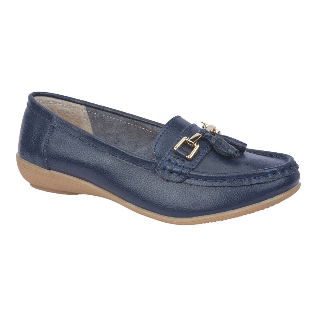 Jo & Joe Women's Wide Fit Leather Slip On Moccasin Shoes Royal Blue - Renna Clothing