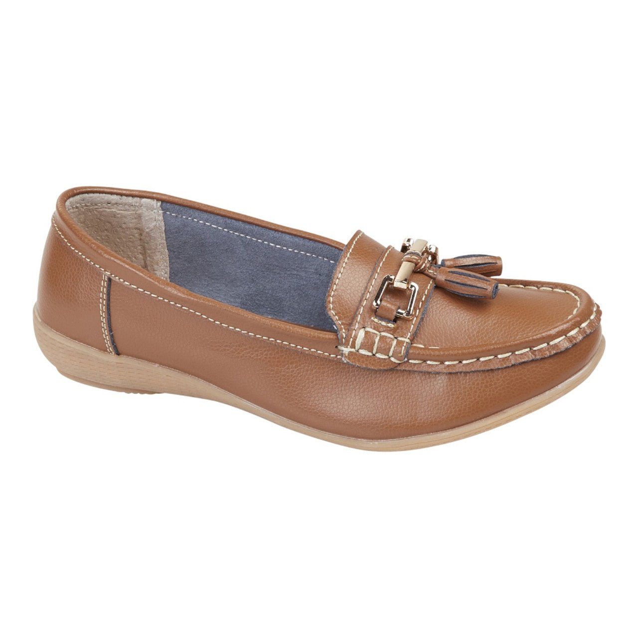 Jo & Joe Women's Wide Fit Leather Slip On Moccasin Shoes Tan Brown - Renna Clothing