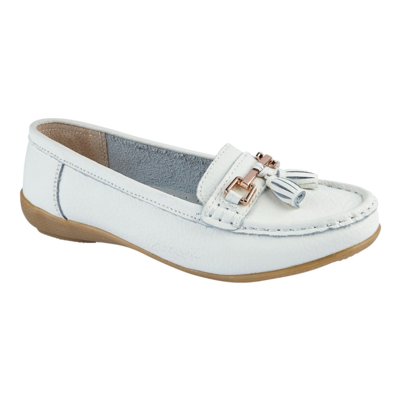 Jo & Joe Women's Wide Fit Leather Slip On Moccasin Shoes White - Renna Clothing