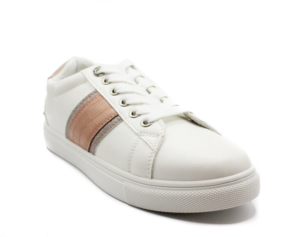 Ladies White Lace Up Faux Leather Trainers Womens Comfy Pump Shoes Size 3-8