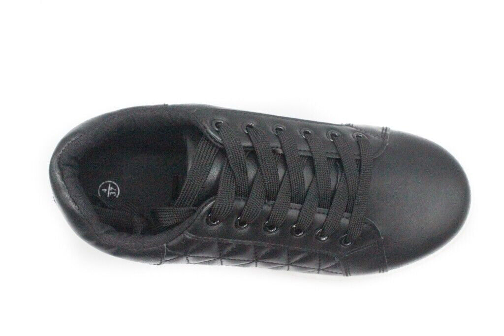 Ladies Wide Fit Black Lace Up Faux Leather Trainers Womens Comfy Pump Shoes Size