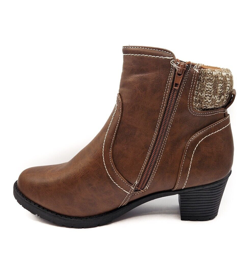 Womens Zip Up Ankle Boots Mid Heel Textile Trim Brown