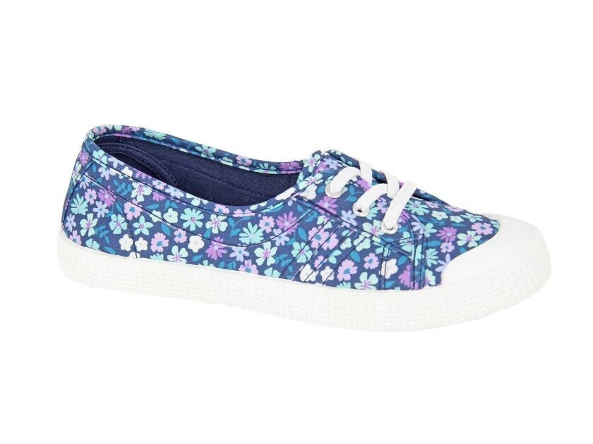 Women's Retro Plimsoll Lace Up Canvas Trainers Dark Blue Flower