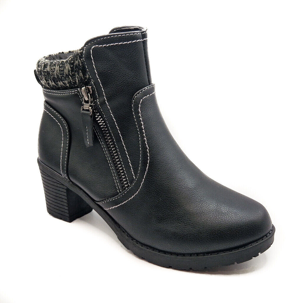 Womens Zip Up Ankle Boots Mid Heel Textile Trim Black