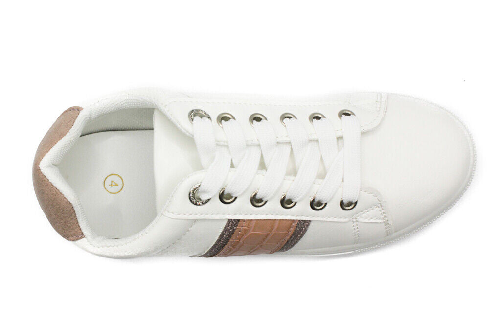 Ladies White Lace Up Faux Leather Trainers Womens Comfy Pump Shoes Size 3-8
