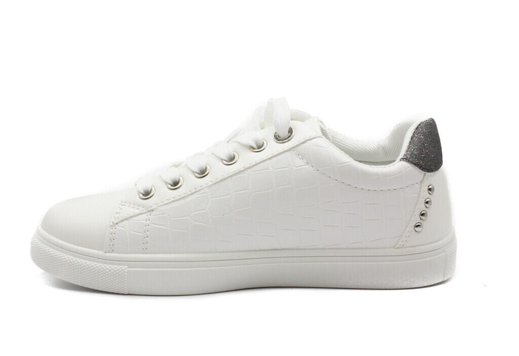 Ladies White Lace Up Faux Leather Trainers Womens Comfy Pump Shoes Size 3-8