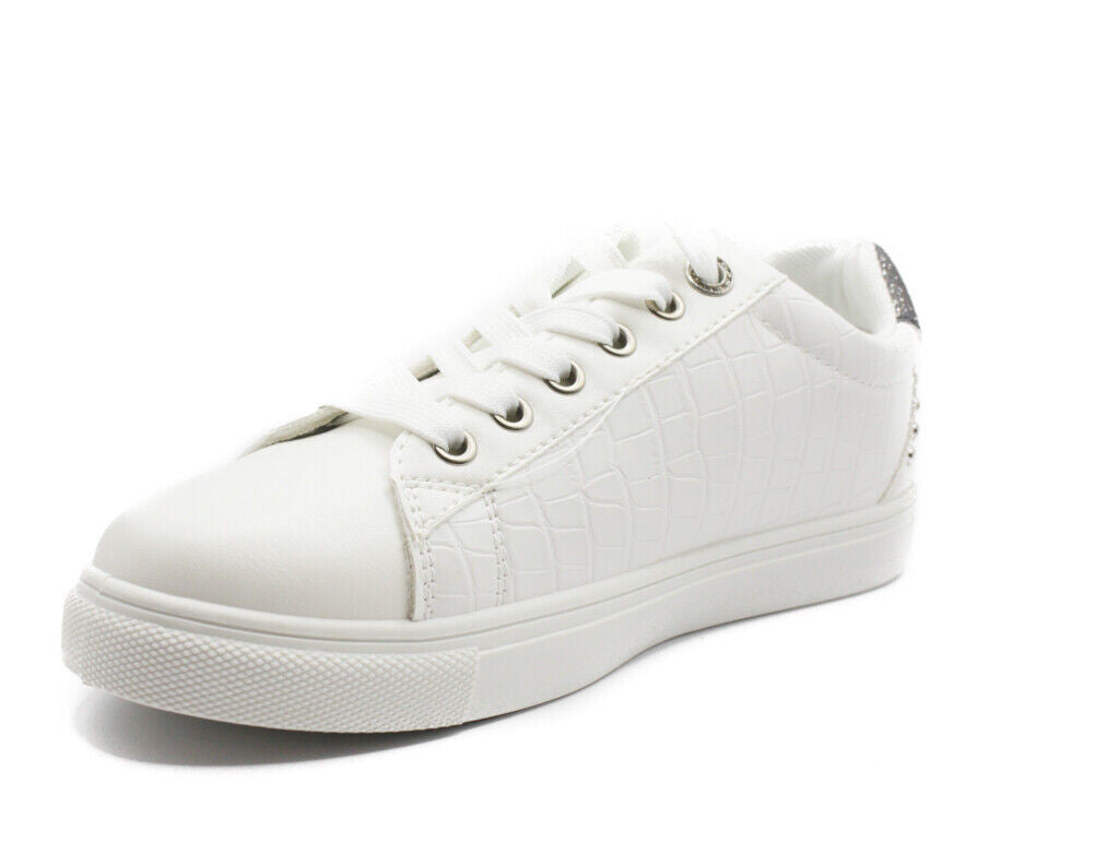 Ladies White Lace Up Faux Leather Trainers Womens Comfy Pump Shoes Size 3-8