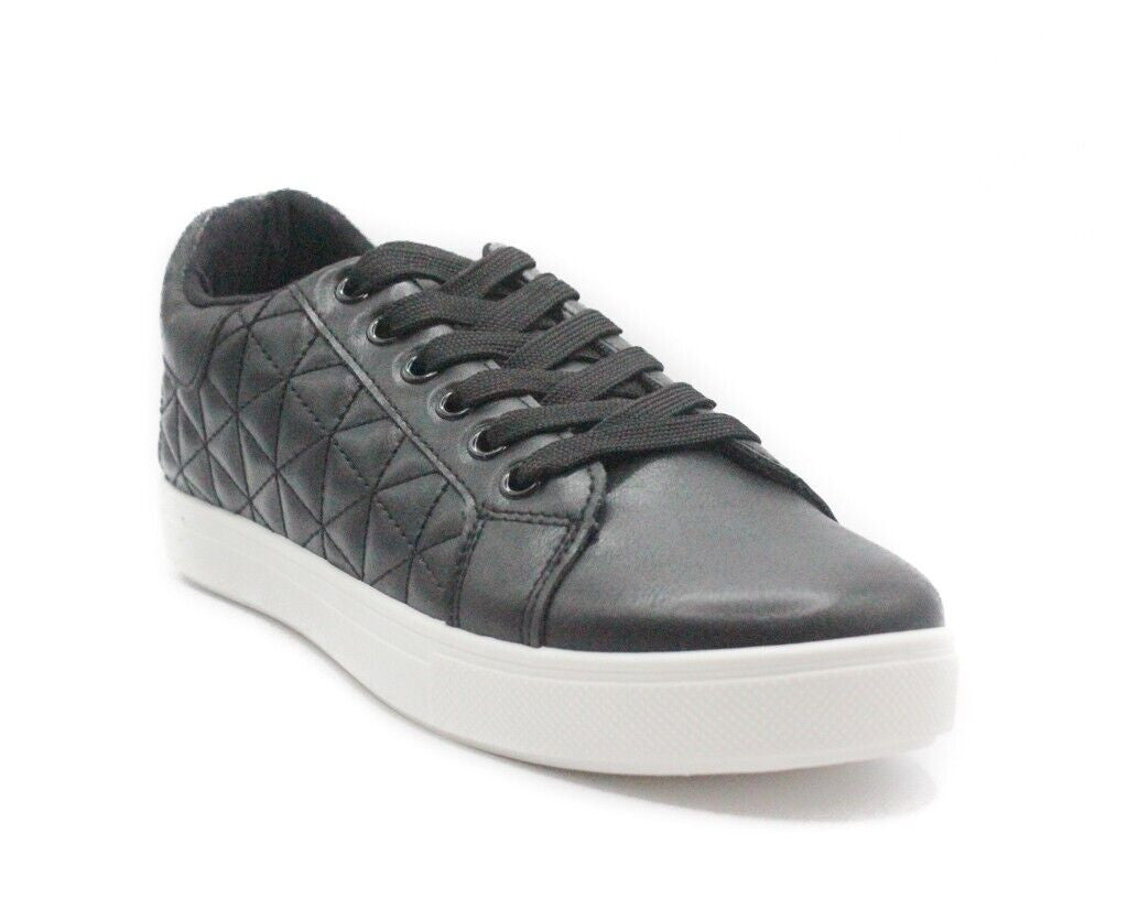 Ladies Wide Fit Black Lace Up Faux Leather Trainers Womens Comfy Pump Shoes Size