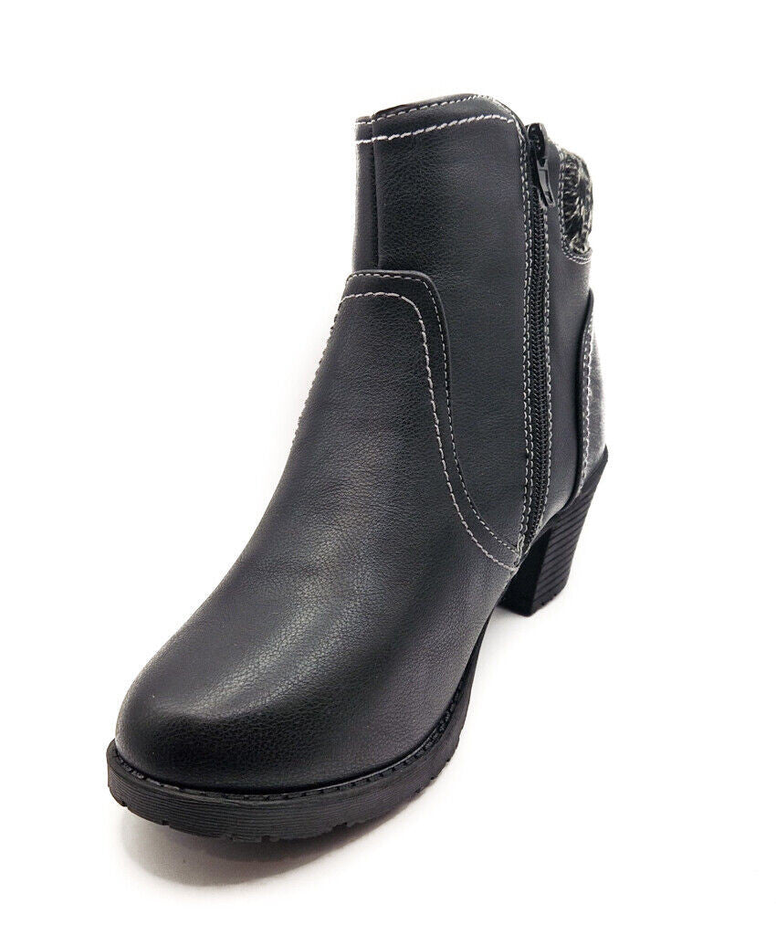 Womens Zip Up Ankle Boots Mid Heel Textile Trim Black
