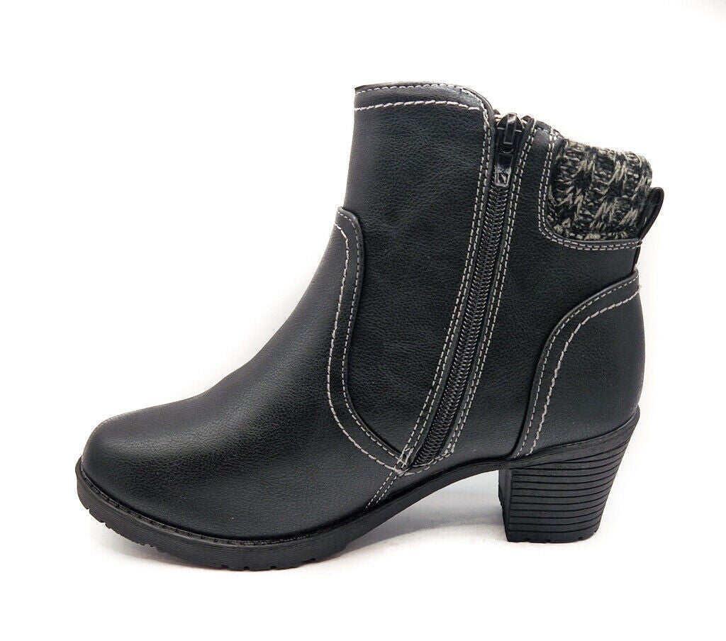 Womens Zip Up Ankle Boots Mid Heel Textile Trim Black