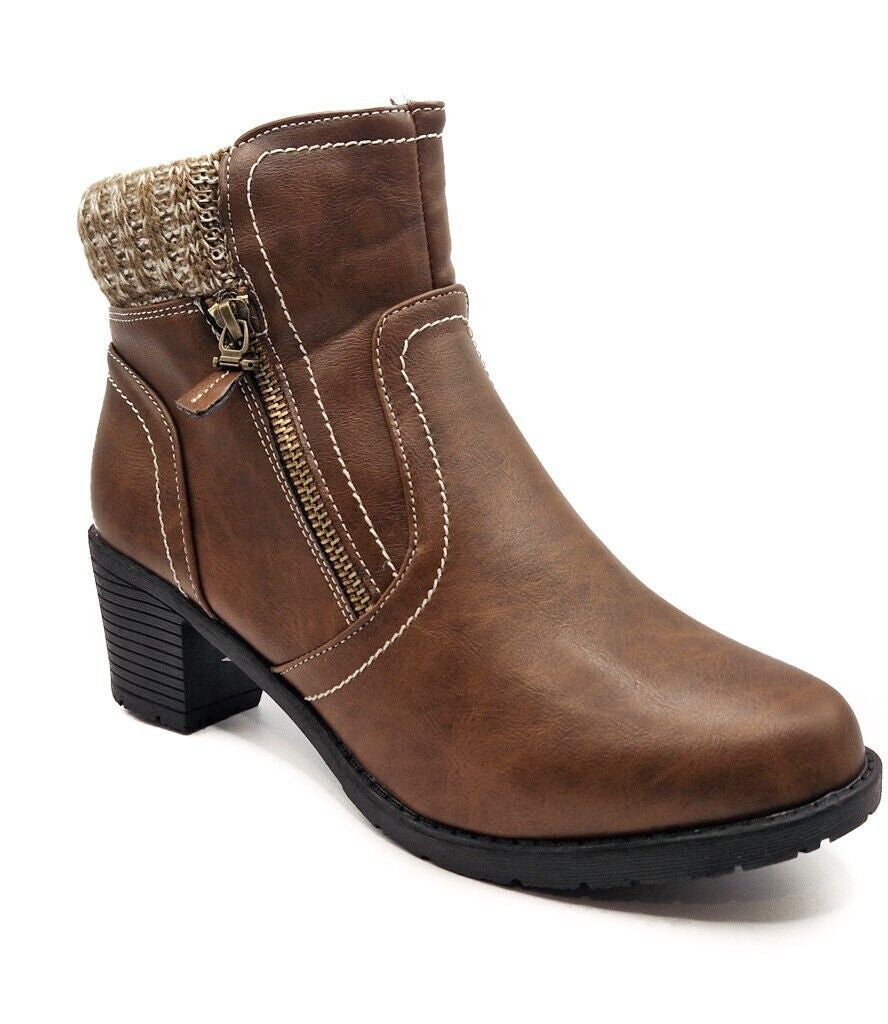 Womens Zip Up Ankle Boots Mid Heel Textile Trim Brown