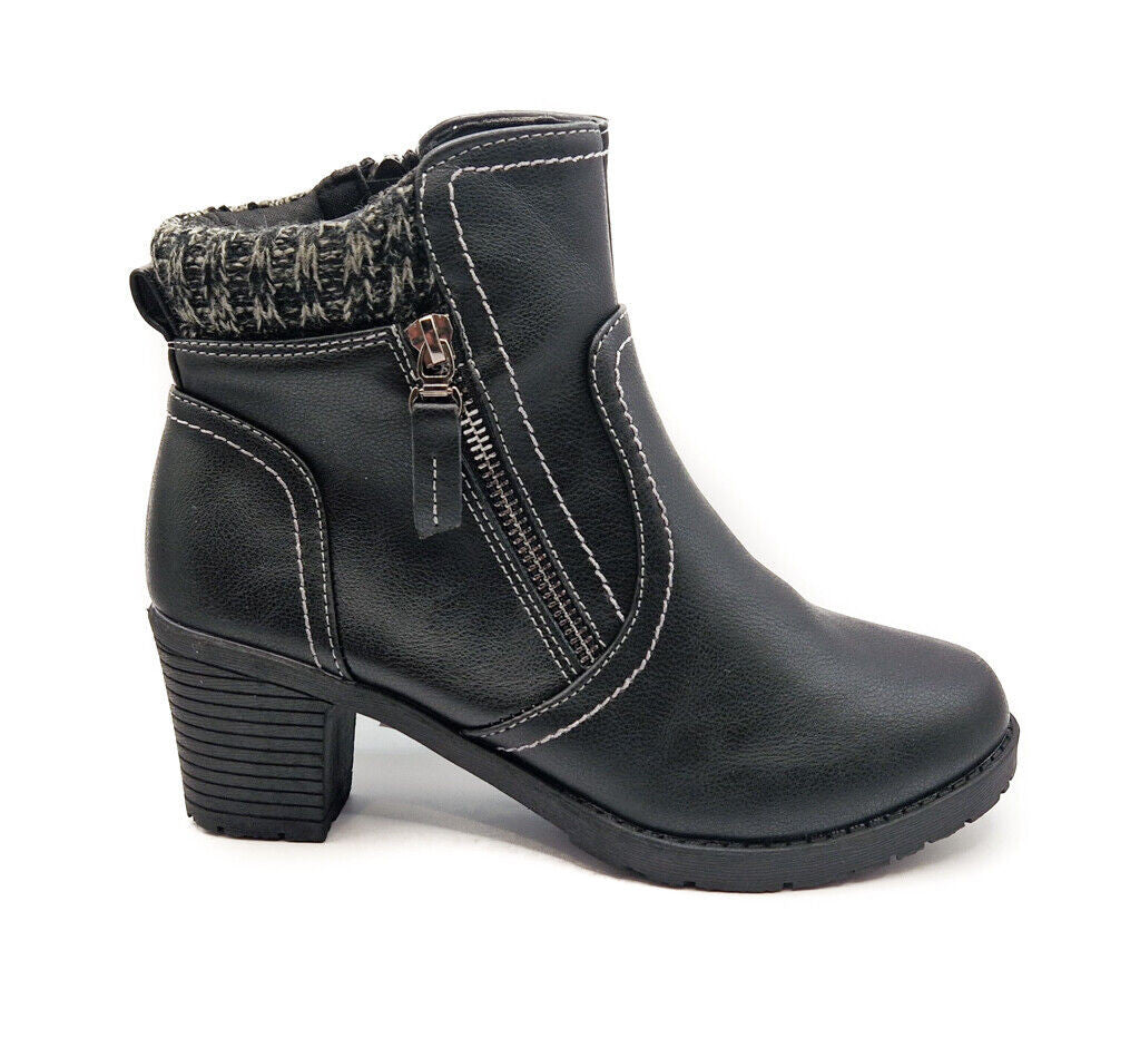 Womens Zip Up Ankle Boots Mid Heel Textile Trim Black