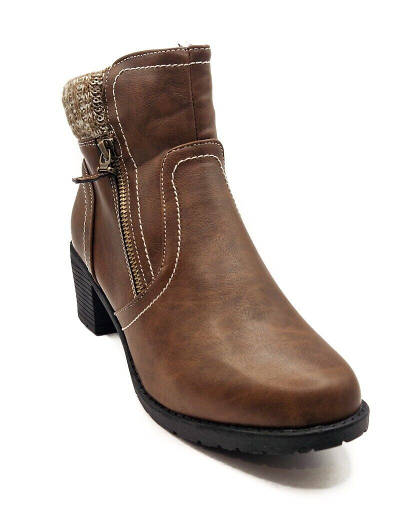 Womens Zip Up Ankle Boots Mid Heel Textile Trim Brown