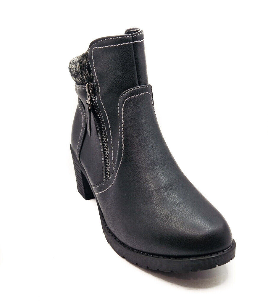 Womens Zip Up Ankle Boots Mid Heel Textile Trim Black