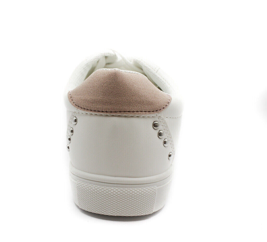 Ladies White Lace Up Faux Leather Trainers Womens Comfy Pump Shoes Size 3-8