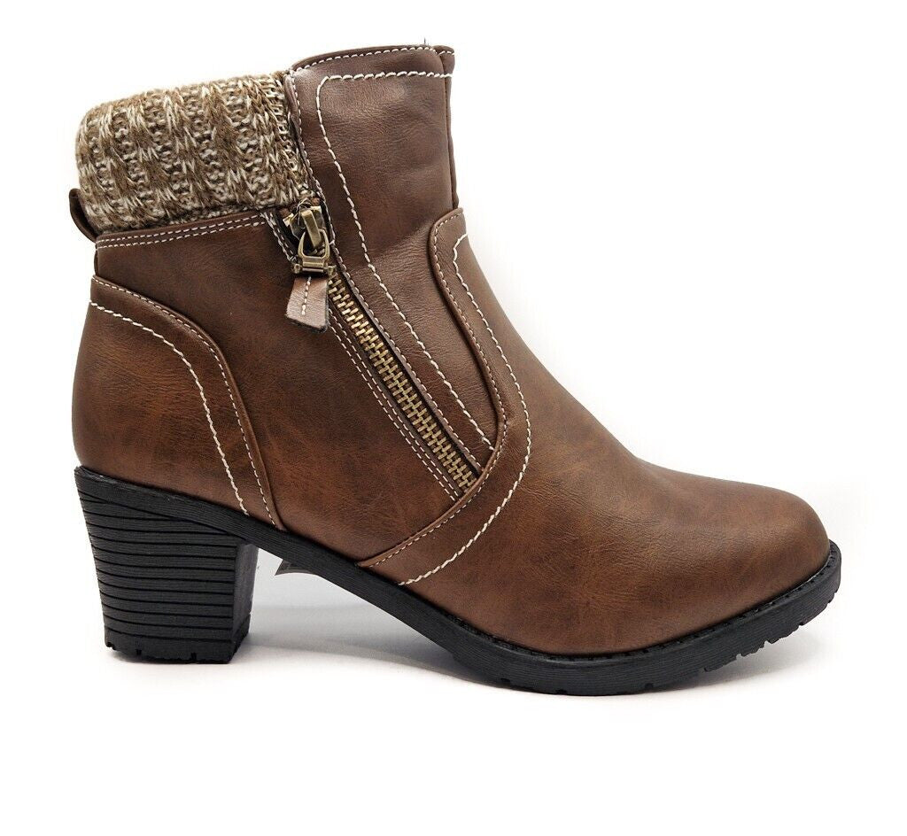 Womens Zip Up Ankle Boots Mid Heel Textile Trim Brown