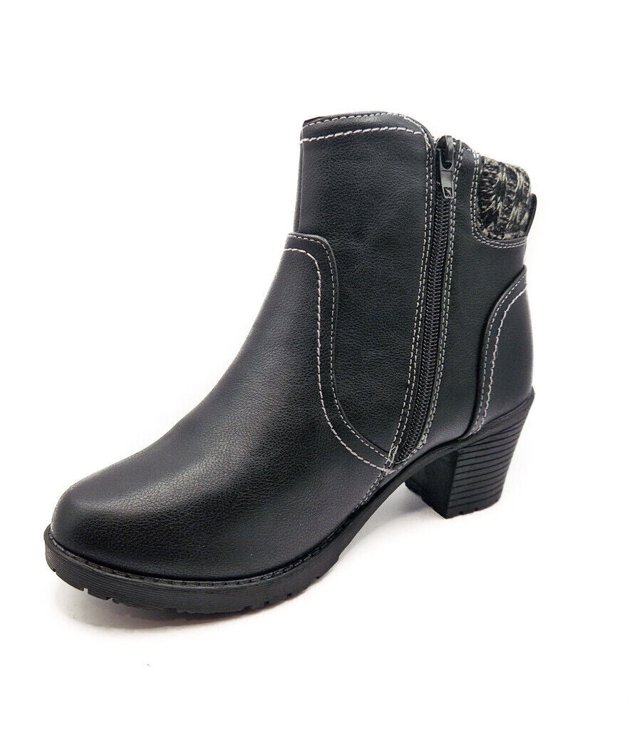 Womens Zip Up Ankle Boots Mid Heel Textile Trim Black