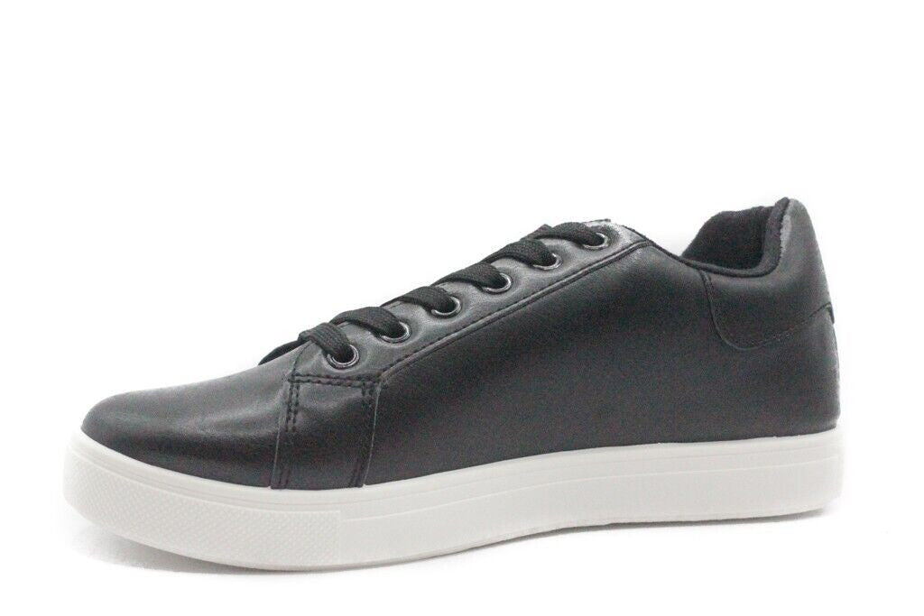 Ladies Wide Fit Black Lace Up Faux Leather Trainers Womens Comfy Pump Shoes Size