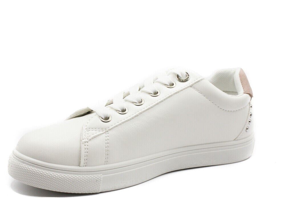 Ladies White Lace Up Faux Leather Trainers Womens Comfy Pump Shoes Size 3-8