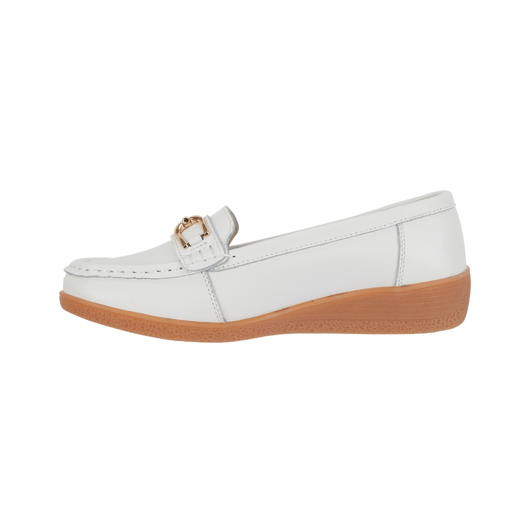 Jo & Joe Ladies Sandbank Leather Wedge Loafers with Metal Trim White