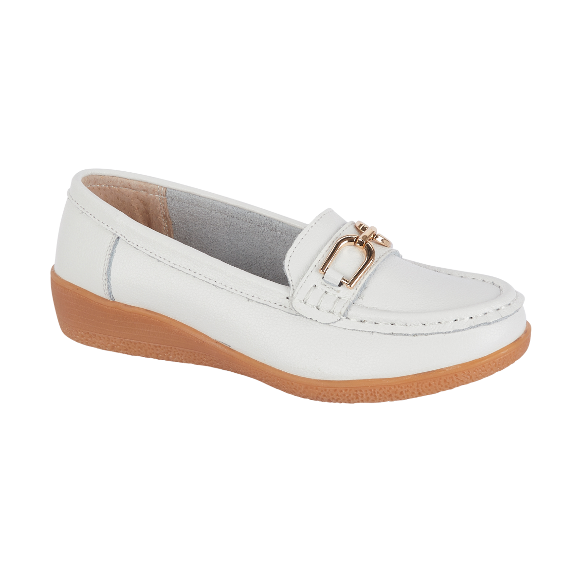 Jo & Joe Ladies Sandbank Leather Wedge Loafers with Metal Trim White