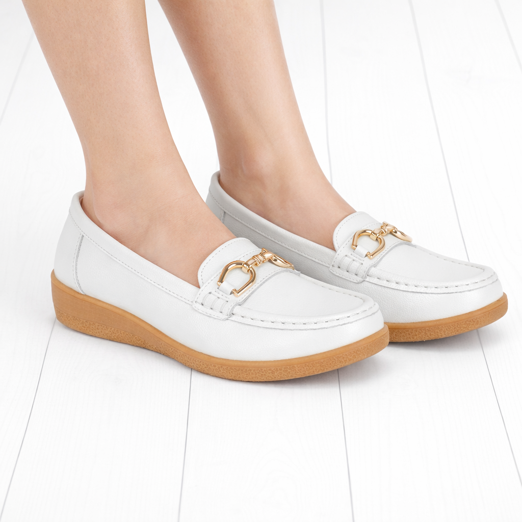 Jo & Joe Ladies Sandbank Leather Wedge Loafers with Metal Trim White