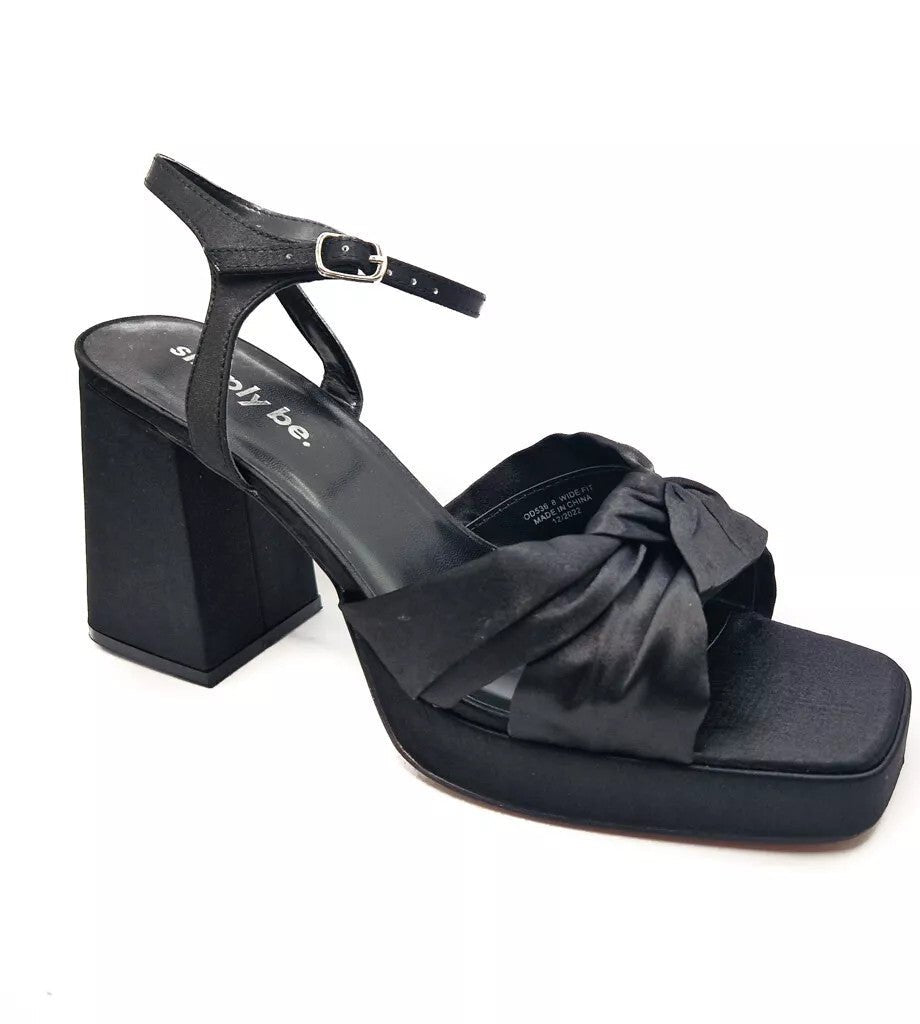 Silk Sateen Wide E Fit Chunky High Heel Black - Renna Clothing