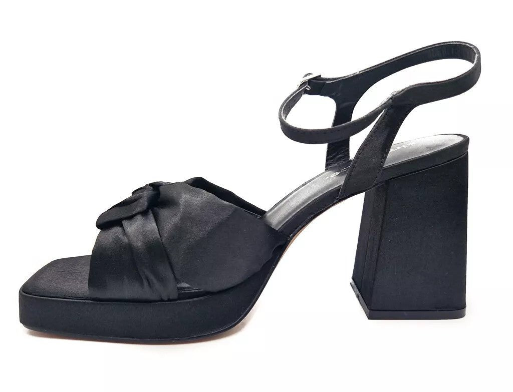 Silk Sateen Wide E Fit Chunky High Heel Black - Renna Clothing