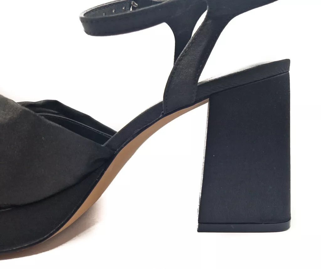 Silk Sateen Wide E Fit Chunky High Heel Black - Renna Clothing