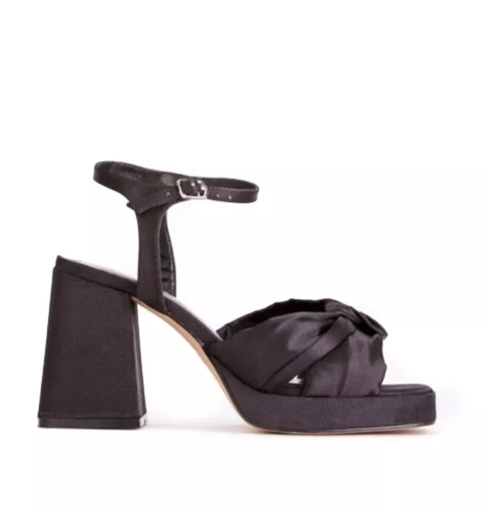 Silk Sateen Wide E Fit Chunky High Heel Black - Renna Clothing