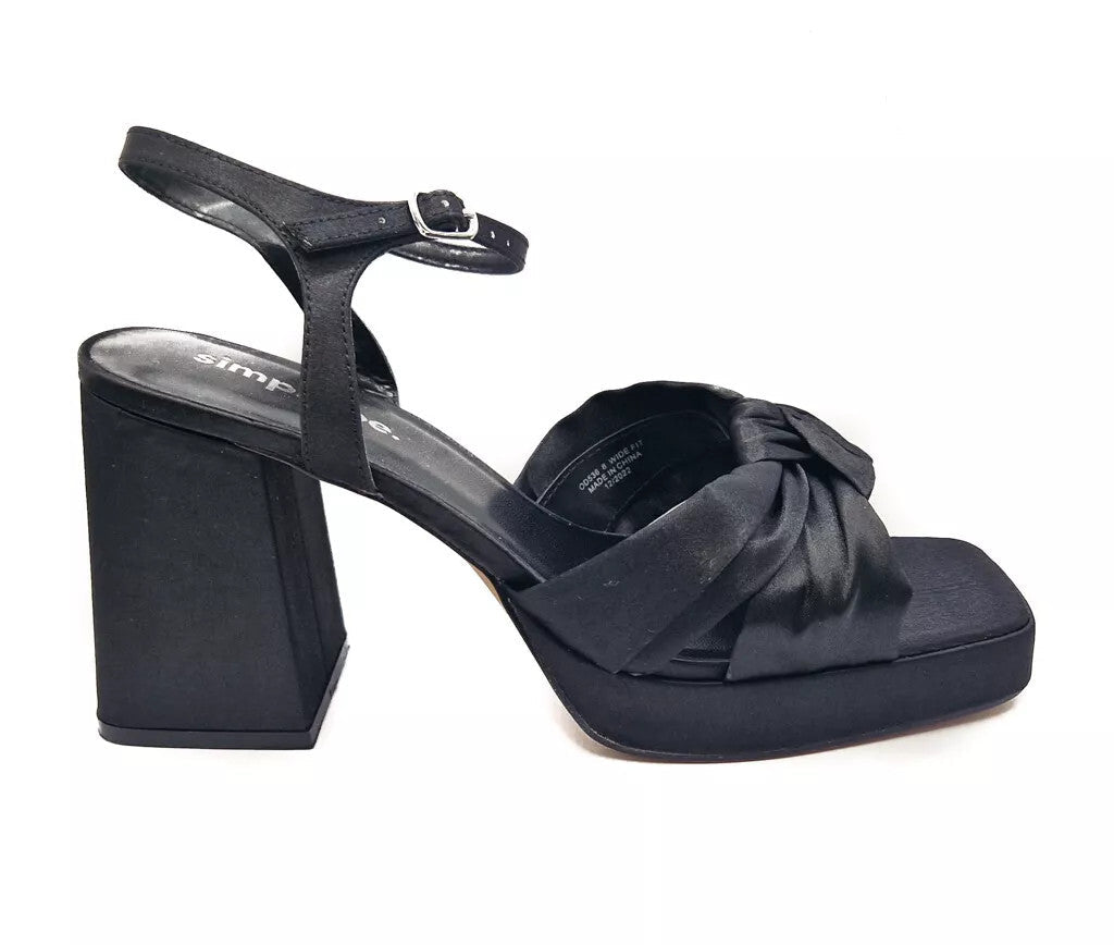 Silk Sateen Wide E Fit Chunky High Heel Black - Renna Clothing