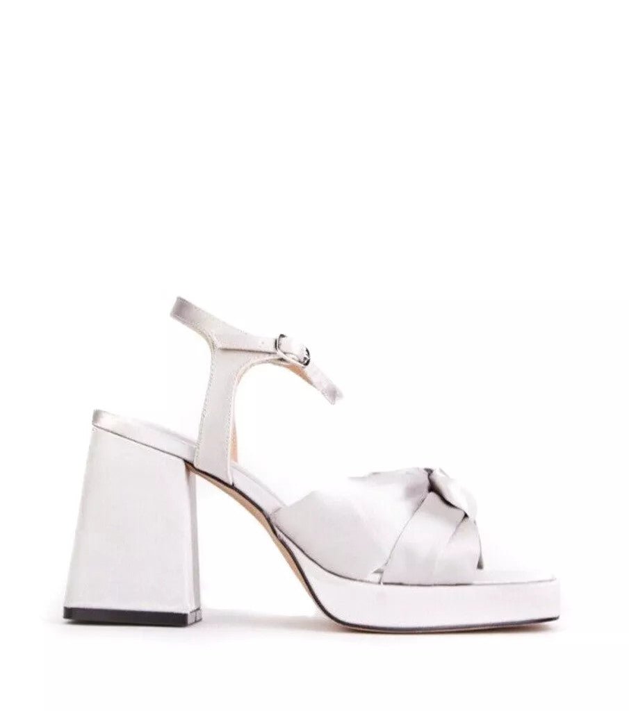 Silk Sateen Wide E Fit Chunky High Heel Silver - Renna Clothing