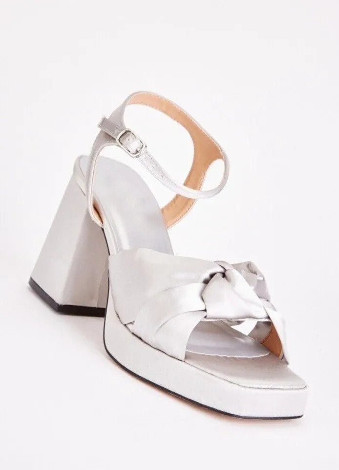 Silk Sateen Wide E Fit Chunky High Heel Silver - Renna Clothing