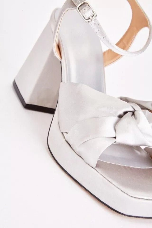 Silk Sateen Wide E Fit Chunky High Heel Silver - Renna Clothing