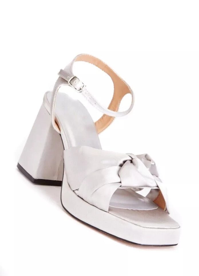 Silk Sateen Wide E Fit Chunky High Heel Silver - Renna Clothing